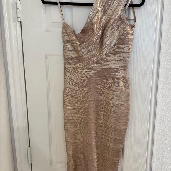 Herve Leger Dresses | Herve Leger Gold One Shoulder Ruched Cocktail Dress | Color: Gold | Size: Mj | Mariamick's Closet